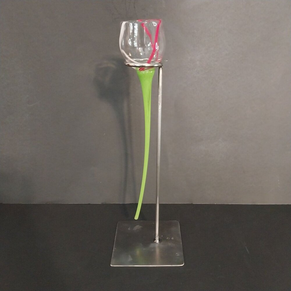 Hand Blown Glass Long Stem Flower Inspired Decor With Stand